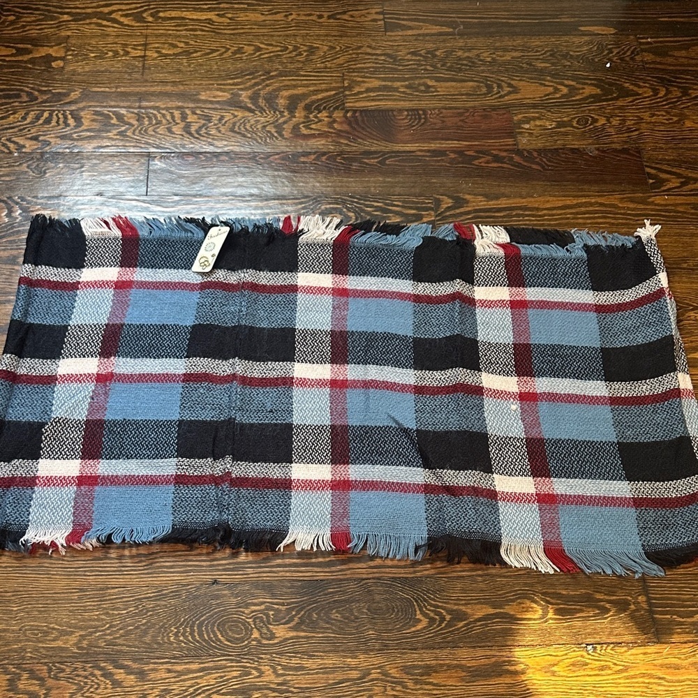 Plaid Fringe Infinity Scarf in Blue and Red NWT